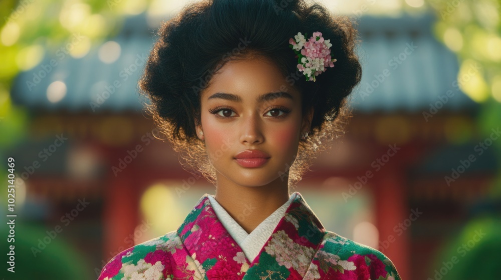 Young Woman in Elaborate Kimono During Seijin no Hi Ceremony at a Shinto Shrine, Symbolizing New Beginnings Young Woman in Elaborate Kimono During Seijin no Hi Ceremony at a Shinto Shrine, Symbolizing New Beginnings