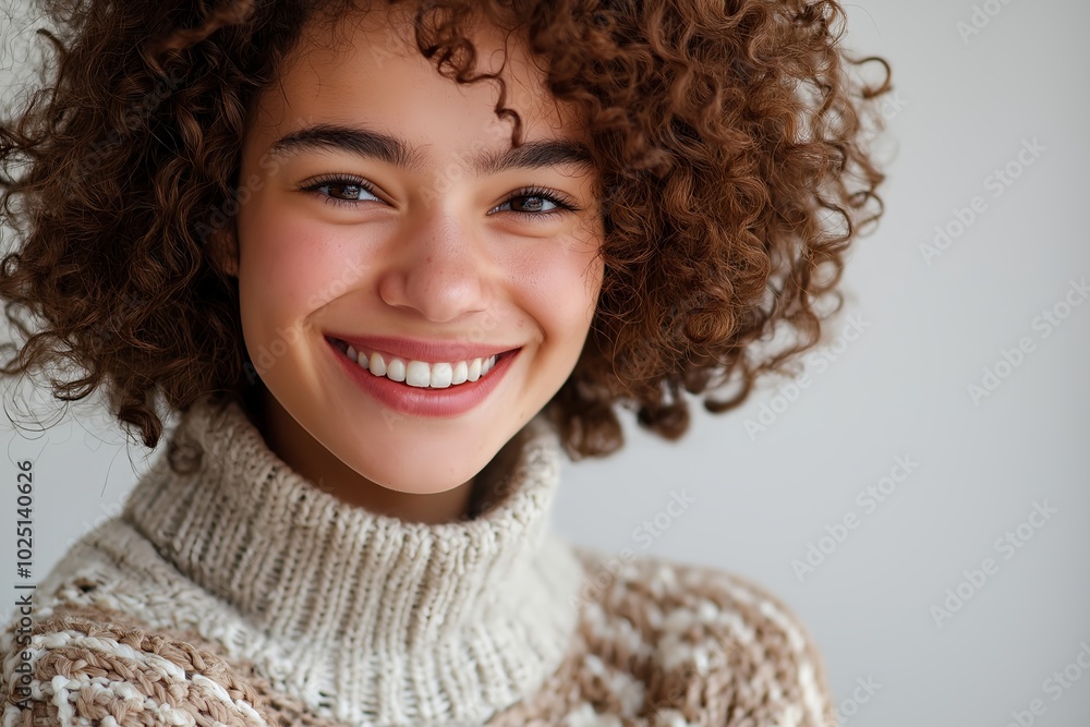 A Beautiful Young Woman With Curly Hair Smiling Against a Light Background, Showcasing Her Joyful Personality and Stylish Outfit A Beautiful Young Woman With Curly Hair Smiling Against a Light Background, Showcasing Her Joyful Personality and Stylish Outfit