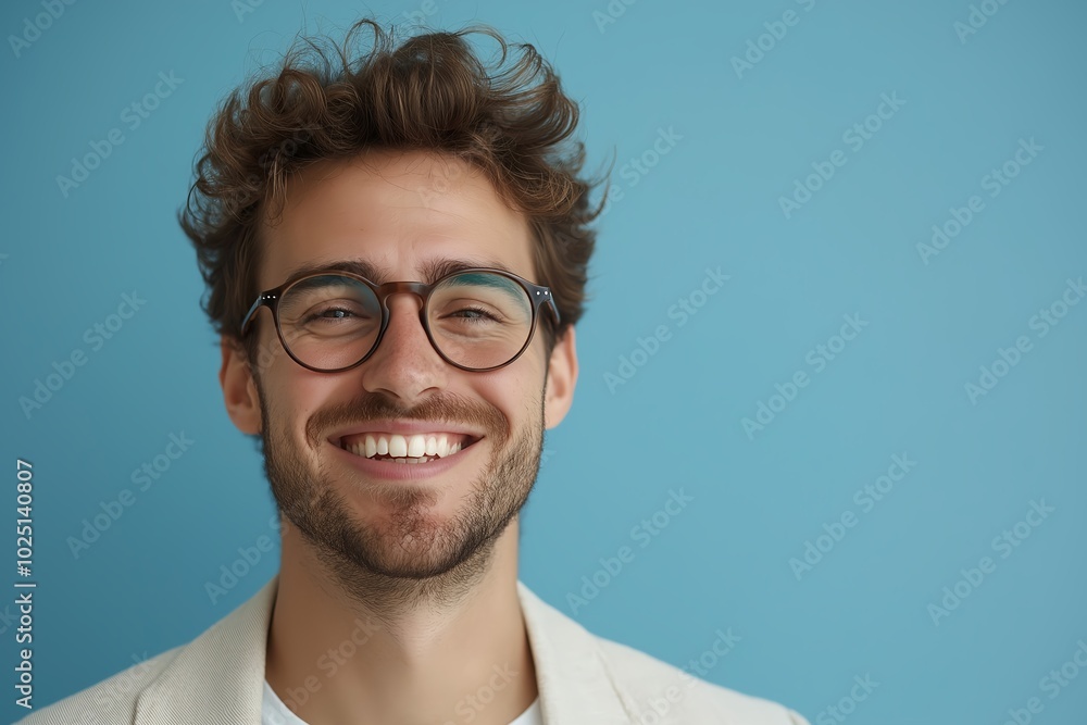 A Happy Man Smiling Against a Blue Background, Wearing Glasses and a Light Blazer His Joyful Expression Conveys Positivity and Confidence, Ideal for Lifestyle and Fashion Themes A Happy Man Smiling Against a Blue Background, Wearing Glasses and a Light Blazer His Joyful Expression Conveys Positivity and Confidence, Ideal for Lifestyle and Fashion Themes