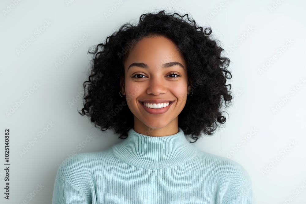 A Happy Woman With Curly Hair Smiling in a Light Blue Sweater Against a Plain White Background, Showcasing Joy and Self Confidence in a Simple Yet Effective Portrait A Happy Woman With Curly Hair Smiling in a Light Blue Sweater Against a Plain White Background, Showcasing Joy and Self Confidence in a Simple Yet Effective Portrait