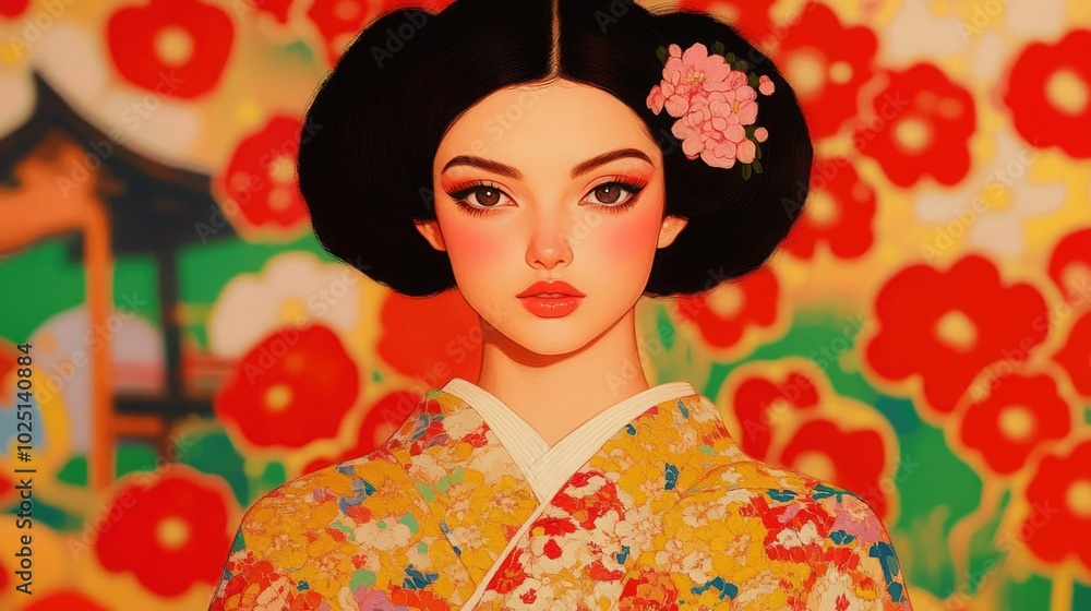 Young Woman in Elaborate Kimono During Seijin no Hi Ceremony at a Shinto Shrine, Symbolizing New Beginnings Young Woman in Elaborate Kimono During Seijin no Hi Ceremony at a Shinto Shrine, Symbolizing New Beginnings