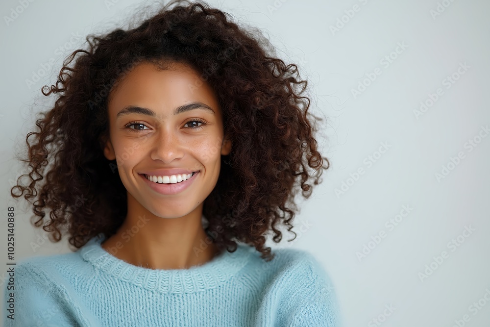 A Happy Woman With Curly Hair Smiling in a Light Blue Sweater Against a Plain White Background, Showcasing Joy and Self Confidence in a Simple Yet Effective Portrait A Happy Woman With Curly Hair Smiling in a Light Blue Sweater Against a Plain White Background, Showcasing Joy and Self Confidence in a Simple Yet Effective Portrait
