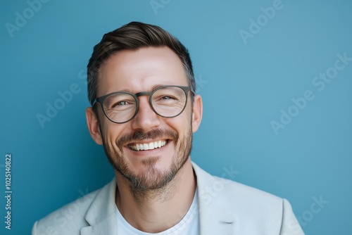 A Happy Man Smiling Against a Blue Background, Wearing Glasses and a Light Blazer His Joyful Expression Conveys Positivity and Confidence, Ideal for Lifestyle and Fashion Themes