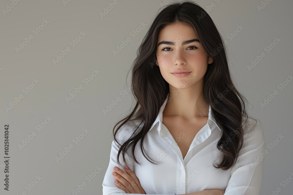 A Portrait of a Confident Woman in a White Shirt Against a Neutral Background, Professionalism and Approachability A Portrait of a Confident Woman in a White Shirt Against a Neutral Background, Professionalism and Approachability