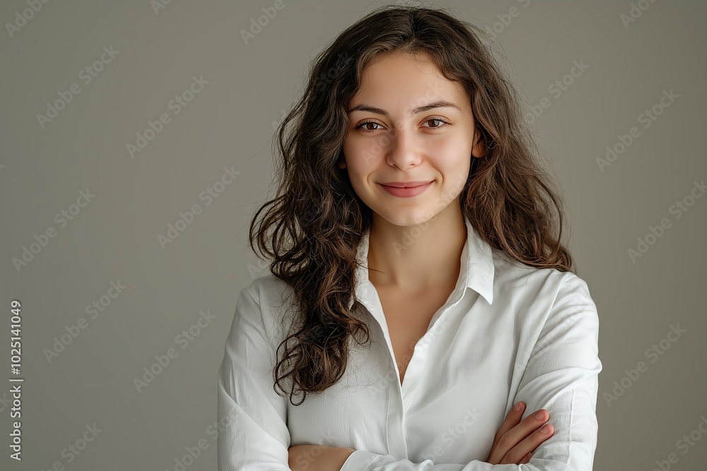 A Portrait of a Confident Woman in a White Shirt Against a Neutral Background, Professionalism and Approachability A Portrait of a Confident Woman in a White Shirt Against a Neutral Background, Professionalism and Approachability