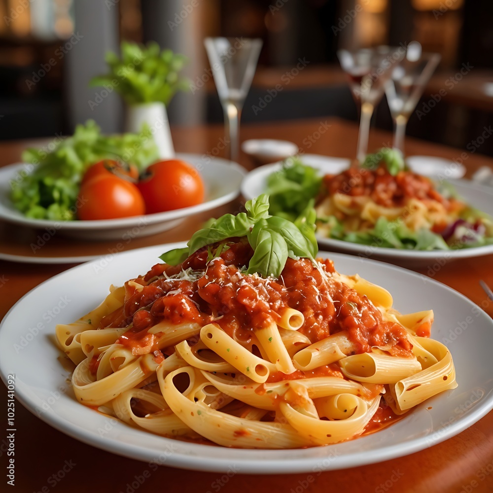 Delicious juicy pasta with Tomato Sauce with some salad served and plate pasta dish Delicious juicy pasta with Tomato Sauce with some salad served and plate pasta dish