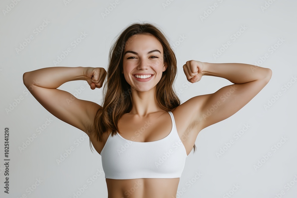 Strong Woman Empowerment, Smiling Lady Flexing Muscles, White Background, Confident Expression, Elegant Posture, Modern Attire, Positive Attitude Strong Woman Empowerment, Smiling Lady Flexing Muscles, White Background, Confident Expression, Elegant Posture, Modern Attire, Positive Attitude