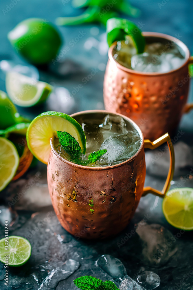 moscow mule cocktail in copper mugs with mint and lime moscow mule cocktail in copper mugs with mint and lime