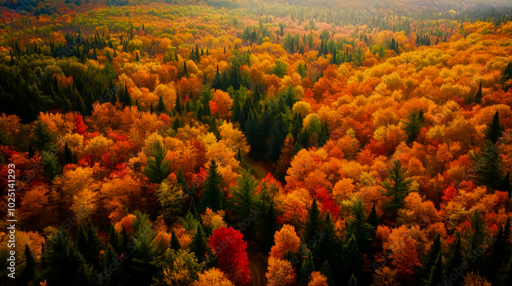A breathtaking aerial view of a forest during the fall, showcasing a vibrant tapestry of colors. A breathtaking aerial view of a forest during the fall, showcasing a vibrant tapestry of colors.