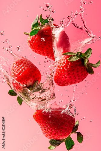 strawberries floating in the air with splashes of water on pink background