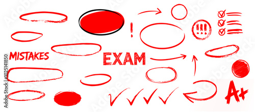 exam elements and red circles set highlighting mistakes. exam elements set. mark, grade, A+, check, arrows etc. hand drawn red exam paper or sheet elements. 