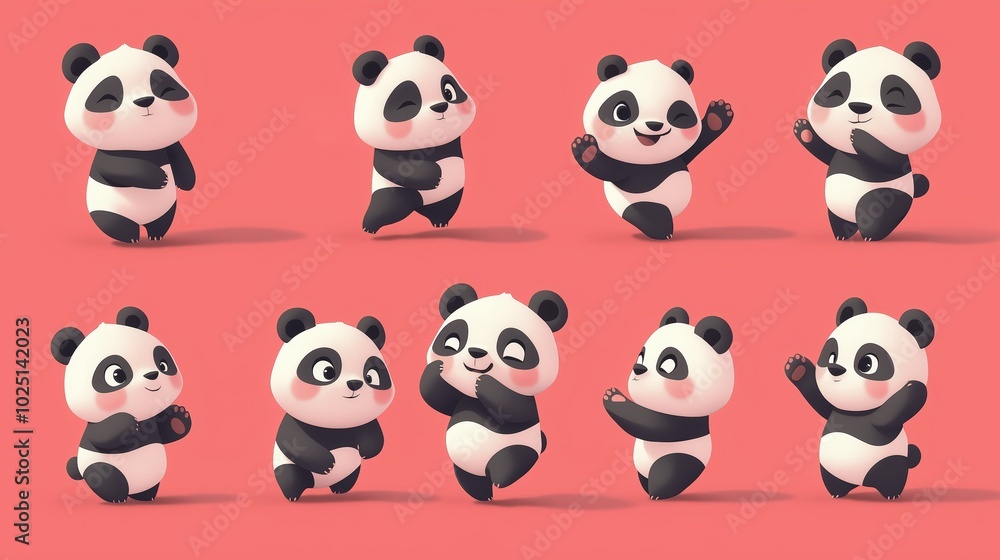 Fototapeta premium Cute animated panda characters posing against a red background