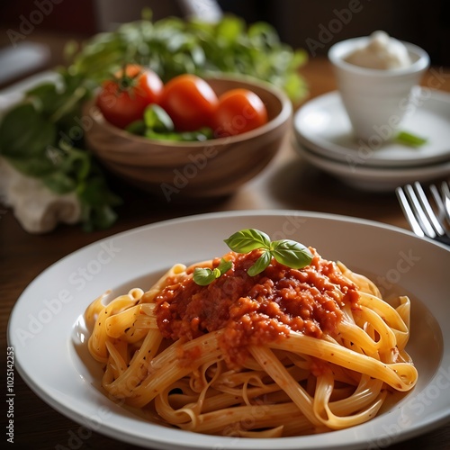 Delicious juicy pasta with Tomato Sauce with some salad served and plate pasta dish