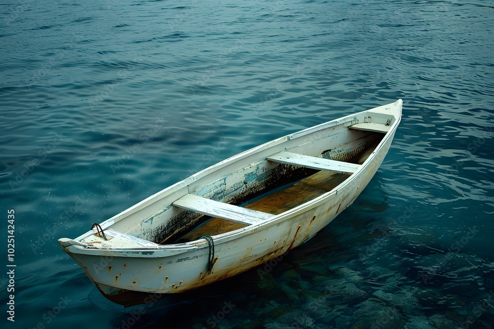 Tranquil Scene of an Old Boat Floating on Serene Waters Tranquil Scene of an Old Boat Floating on Serene Waters