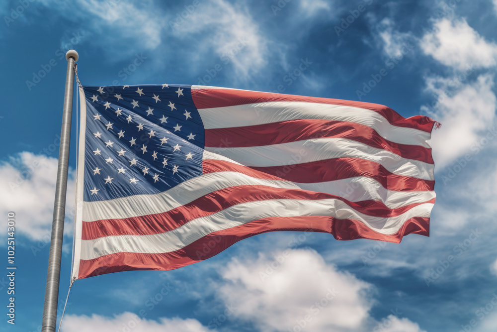 American flag waving in the sunlight against a blue sky American flag waving in the sunlight against a blue sky