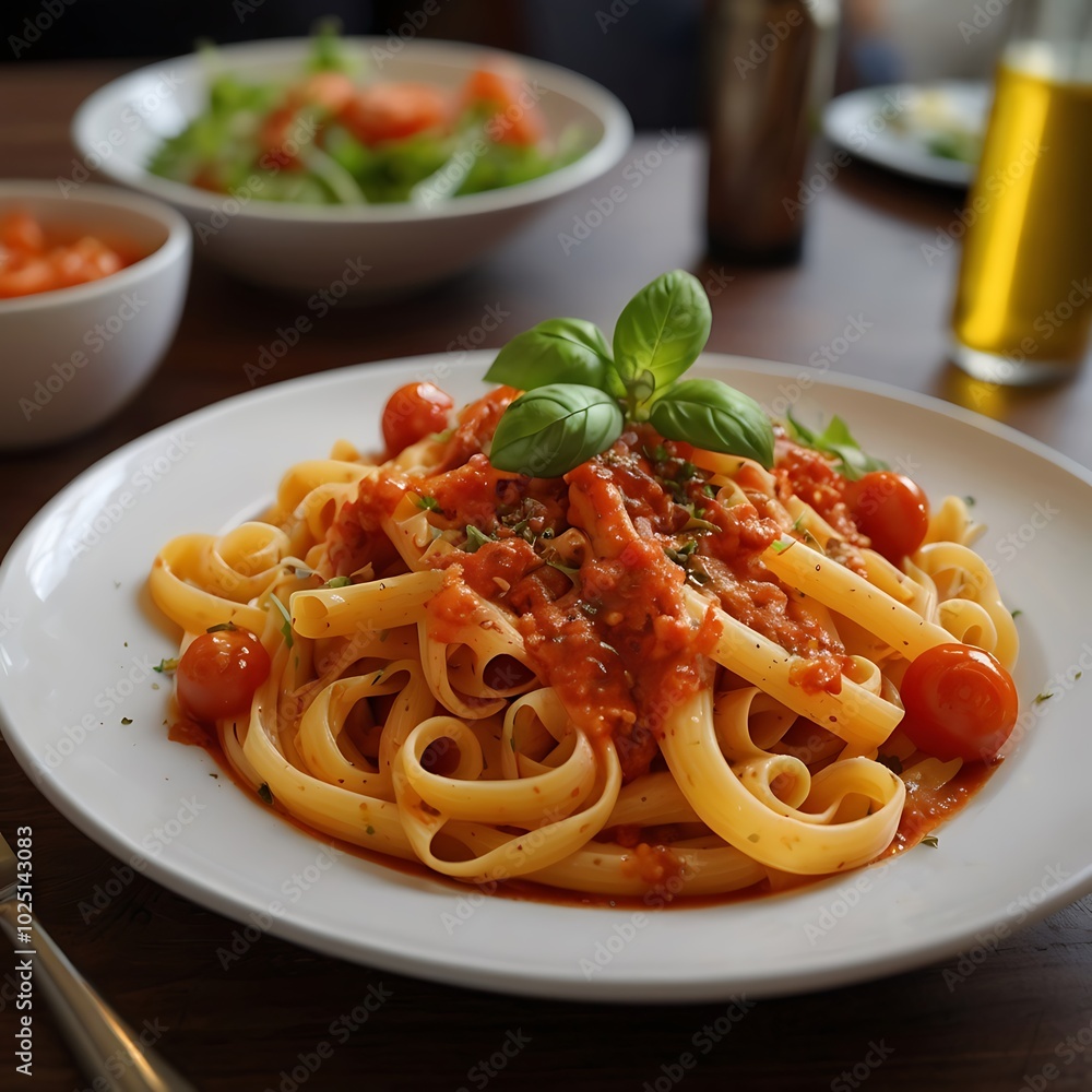 Delicious juicy pasta with Tomato Sauce with some salad served and plate pasta dish Delicious juicy pasta with Tomato Sauce with some salad served and plate pasta dish