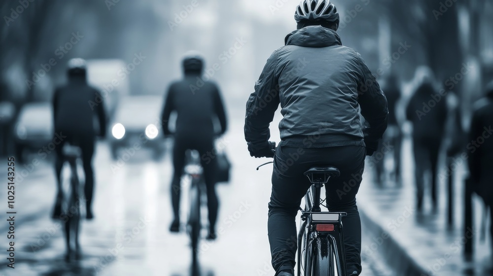 Fototapeta premium Bicyclists navigate a peaceful urban path blending into the soft hues of dawns early light