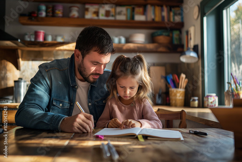 Father and daughter working on homework at the kitchen table