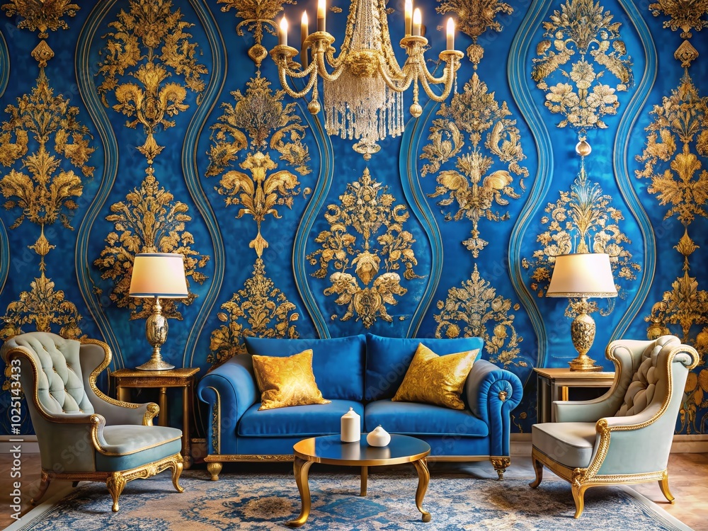 Elegant Blue and Gold Wallpaper Design for Luxurious Interior Decor and Stunning Backgrounds in Home or Office Spaces Elegant Blue and Gold Wallpaper Design for Luxurious Interior Decor and Stunning Backgrounds in Home or Office Spaces