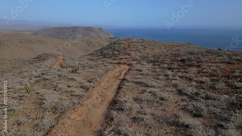 Wallpaper Mural Aerial drone footage of a steep and rocky desert coastline with cliffs and crashing waves on a clear summer day Torontodigital.ca