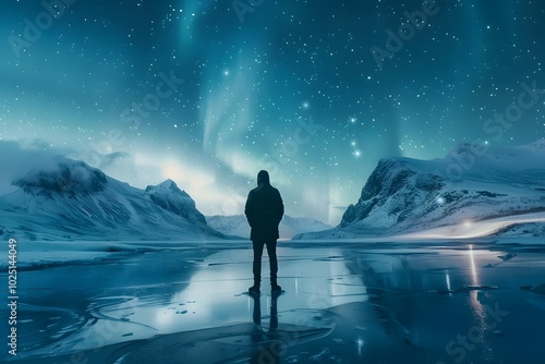 A Solitary Figure Under the Enchanting Northern Lights in a Snowy Landscape