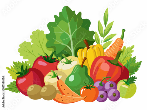 Assorted fresh fruits and vegetables including an apple, grapes, a carrot, a tomato, and leafy greens on a white background 