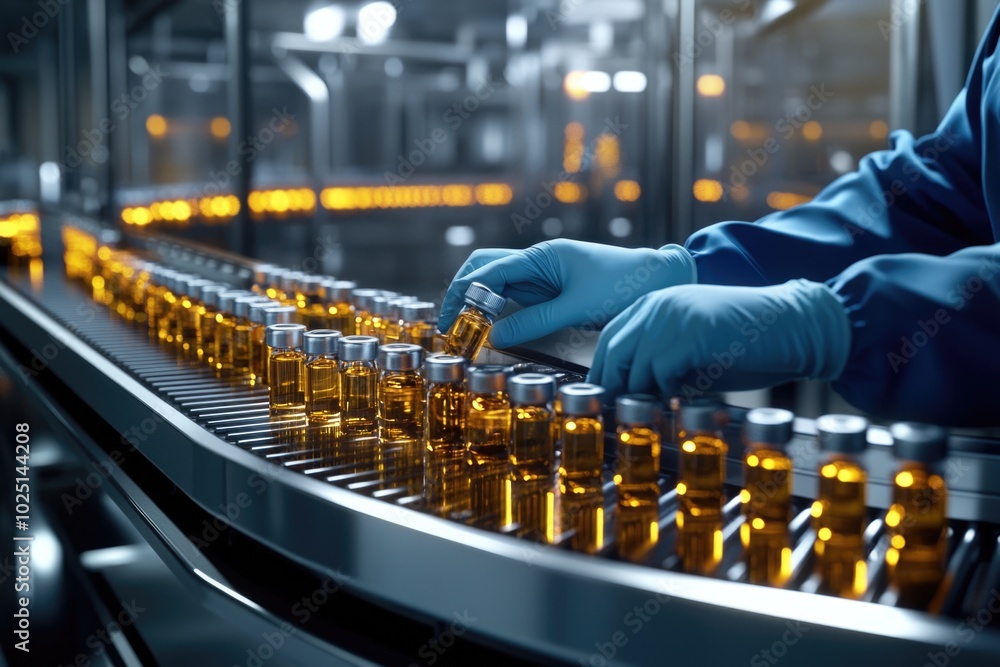 A worker wearing a blue coat and gloves fills bottles on an industrial conveyor belt A worker wearing a blue coat and gloves fills bottles on an industrial conveyor belt