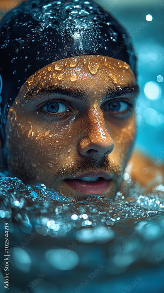 Close-up portrait of a female swimmer in goggles, showcasing an intense expression and determination in a vibrant underwater environment. Close-up portrait of a female swimmer in goggles, showcasing an intense expression and determination in a vibrant underwater environment.