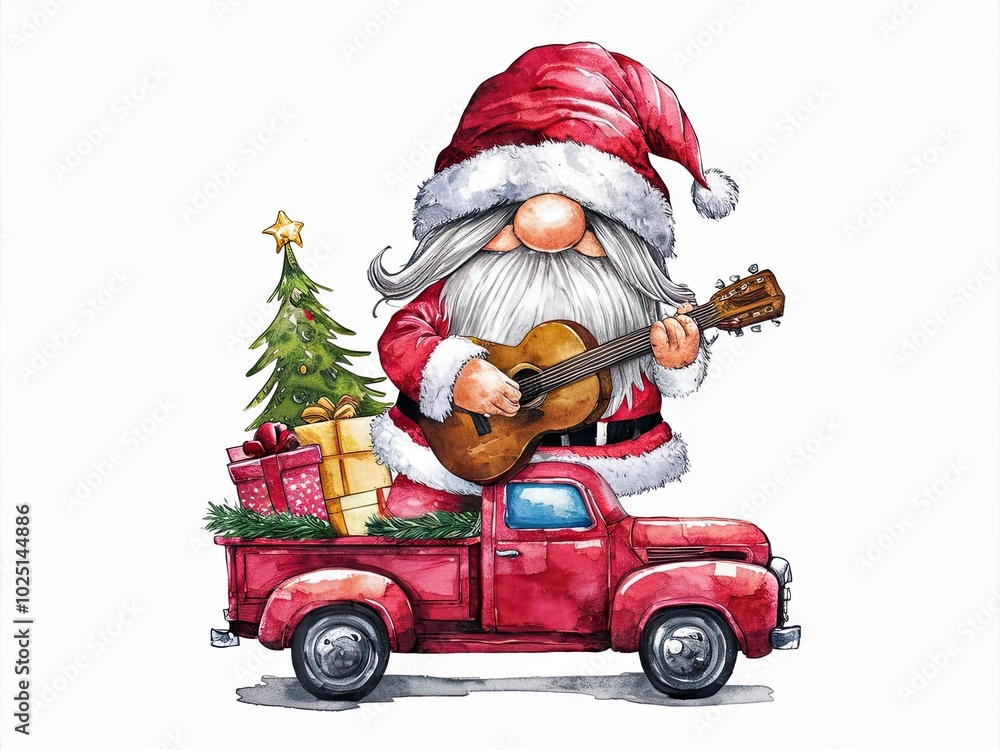 Gnome Santa Playing Guitar on Red Truck with Christmas Tree and Gifts Gnome Santa Playing Guitar on Red Truck with Christmas Tree and Gifts