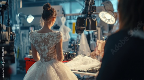 A woman in a wedding dress stands and gazes at another woman wearing a similar outfit photo