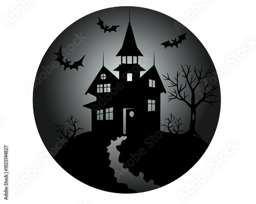 Halloween mansion with bats and footpath - vector black and white illustration. Illustration for the holiday Halloween - haunted house or witch house - black silhouette.