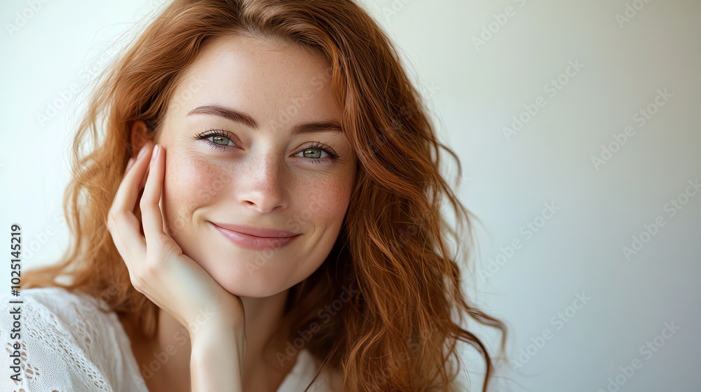 A bright, fresh portrait of a smiling woman with radiant skin, gently touching her face with one hand in a soft, minimalist setting A bright, fresh portrait of a smiling woman with radiant skin, gently touching her face with one hand in a soft, minimalist setting