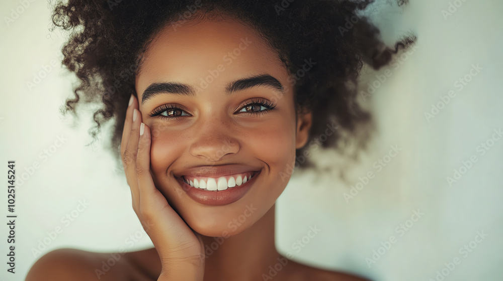 A bright, fresh portrait of a smiling woman with radiant skin, gently touching her face with one hand in a soft, minimalist setting A bright, fresh portrait of a smiling woman with radiant skin, gently touching her face with one hand in a soft, minimalist setting