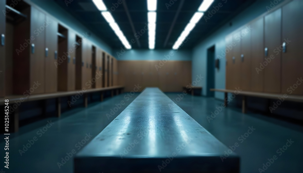 Fototapeta premium Defocused locker room background with steel table in focused, Backdrop for display sports products