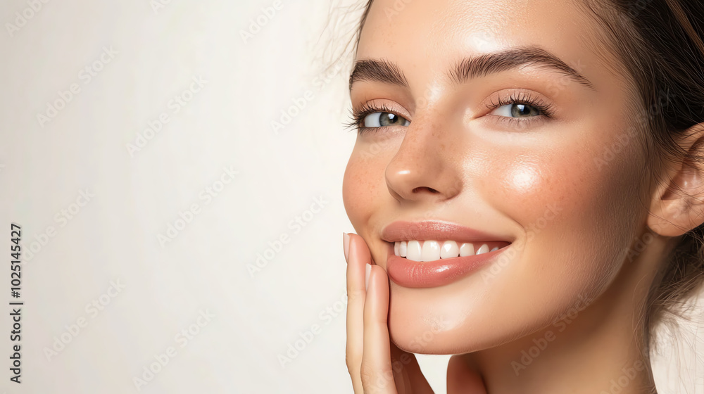 Fototapeta premium A closeup of a radiant woman with smooth, hydrated skin, gently touching her cheek while smiling against a soft, white background