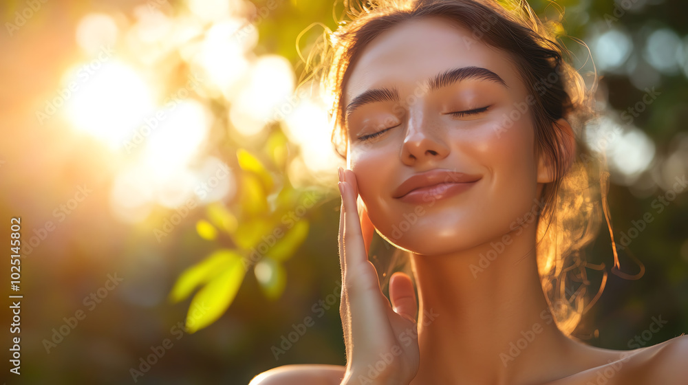 Fototapeta premium A natural beauty shot of a woman with smooth, flawless skin, smiling gently as she lightly touches her face in a bright background