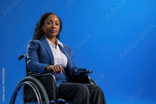 A woman in a suit sits in a wheelchair, ready for work or meeting photo