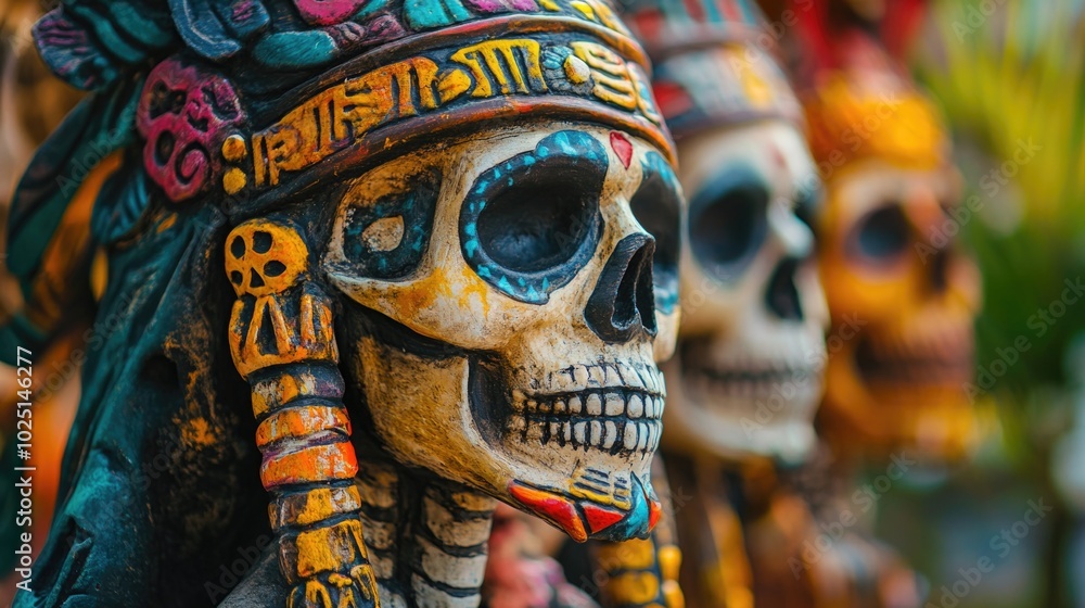 A detailed view of a skull adorned with a decorative headdress, perfect for use in scenes requiring a touch of the macabre or whimsy A detailed view of a skull adorned with a decorative headdress, perfect for use in scenes requiring a touch of the macabre or whimsy
