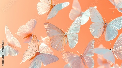  A flock of white butterflies soaring against a peachy backdrop and a rosy sky in the background