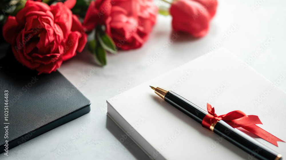A serene composition featuring red roses, a pen with a ribbon, and blank notepads, suggesting elegance and inspiration for writing or note-taking. A serene composition featuring red roses, a pen with a ribbon, and blank notepads, suggesting elegance and inspiration for writing or note-taking.