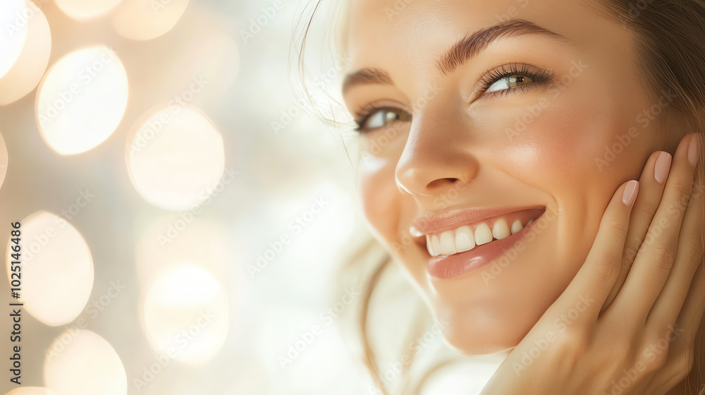 A smiling woman with perfectly hydrated, glowing skin, gently resting her hand on her cheek in a soft, bright environment A smiling woman with perfectly hydrated, glowing skin, gently resting her hand on her cheek in a soft, bright environment