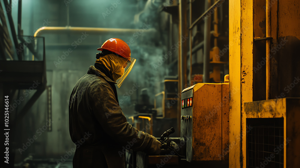 Industrial worker in protective gear operating heavy machinery inside a factory Industrial worker in protective gear operating heavy machinery inside a factory