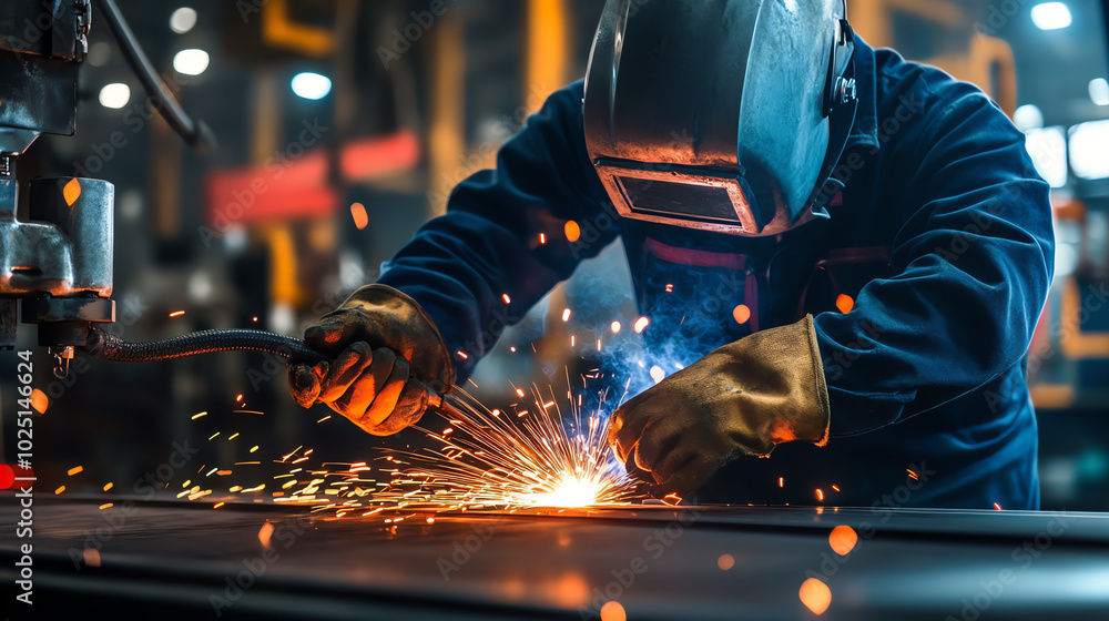Industrial worker using a welding machine while wearing safety gloves and a mask