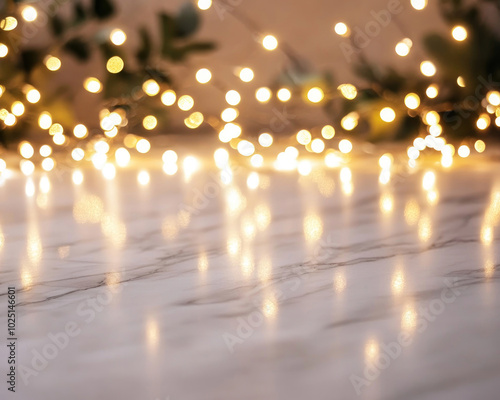 A soft focus image of glowing fairy lights set against a marble surface, creating a warm and cozy ambiance.