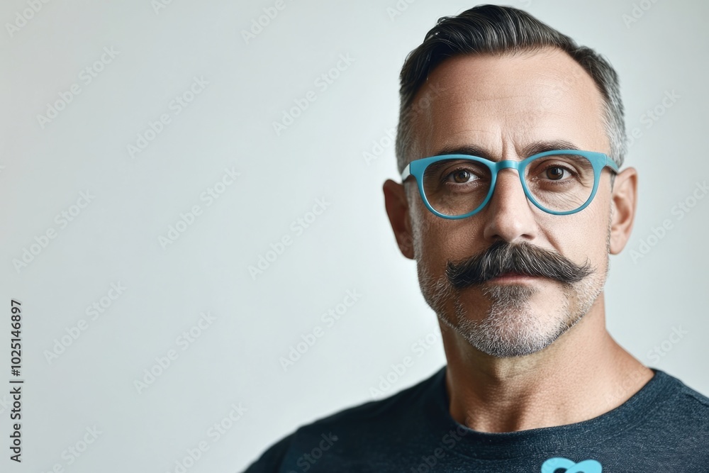 A man wearing blue glasses and a mustache, looking directly at the camera A man wearing blue glasses and a mustache, looking directly at the camera