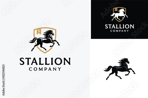 Running Black Wild Horse Mustang Stallion Equine Silhouette with a Shield for Animal Wildlife or Stable Ranch or Vehicle Premium Classic Logo Design