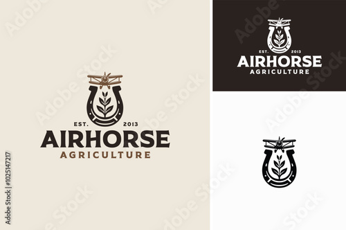 Shoe Horse with Plant and propeller plane Biplane for Agricultural Aircraft Crop Duster Farm logo design
