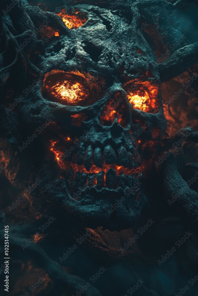 A close-up shot of a skull with flames burning around it, suitable for use in illustrations or designs related to darkness, horror, and the supernatural A close-up shot of a skull with flames burning around it, suitable for use in illustrations or designs related to darkness, horror, and the supernatural
