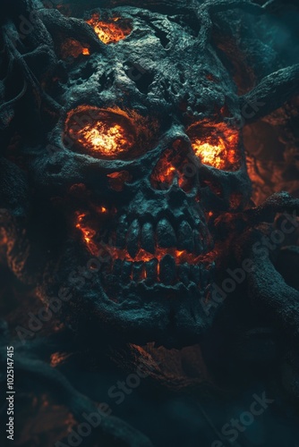 A close-up shot of a skull with flames burning around it, suitable for use in illustrations or designs related to darkness, horror, and the supernatural