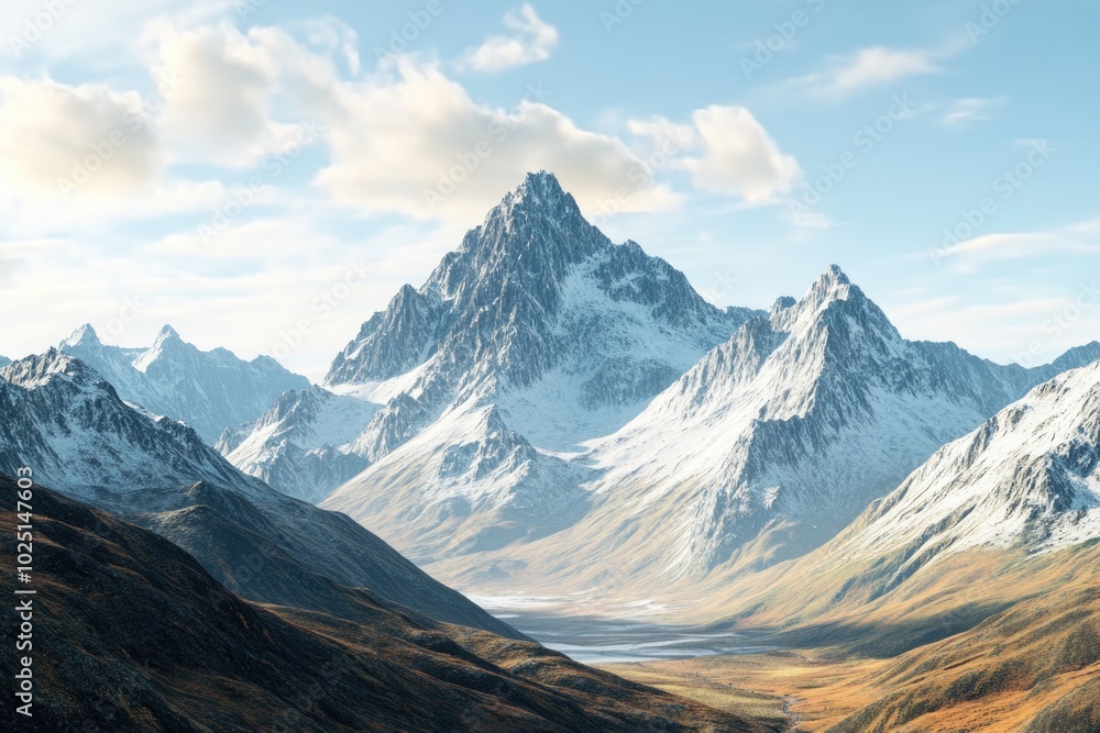 Fototapeta premium A scenic view of a mountain range with a valley in the foreground, suitable for use in travel or outdoor-related projects